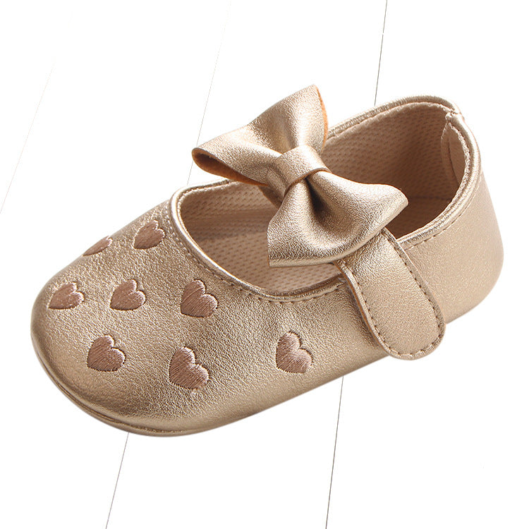 Peach-Heart Bow Baby Shoes with PU Uppers