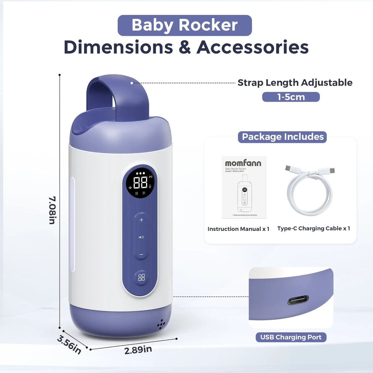 Diagram of the Momfann baby rocker with dimensions, adjustable strap, manual, charging cable, and port.