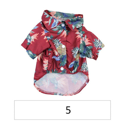 Front view of a red tropical pet shirt with pineapple and floral print labeled 5