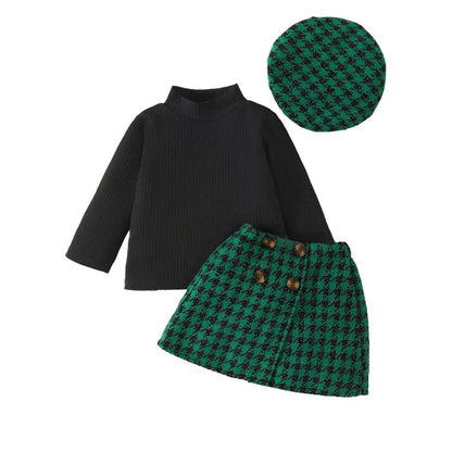 Toddler Christmas Knit Top, Plaid Skirt & Hat Set