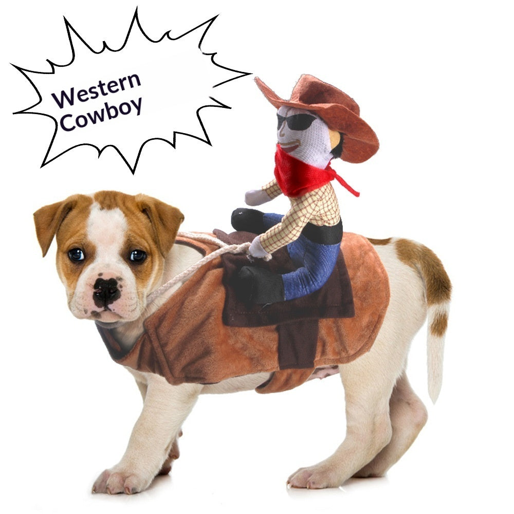 Dog wearing a saddle costume with a plush cowboy rider