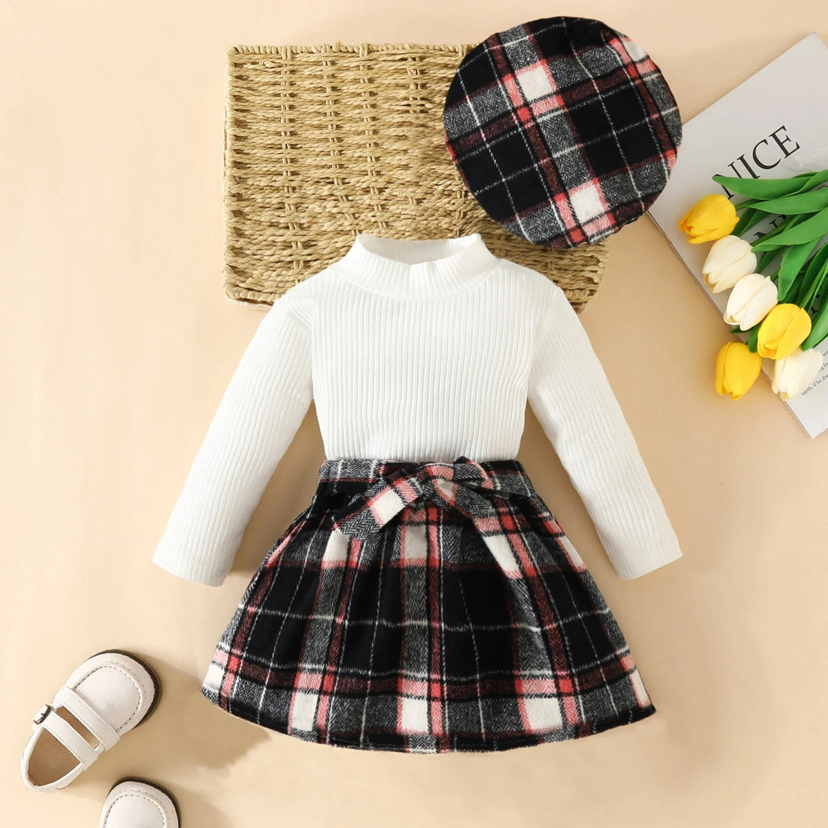 Toddler Knit Top, Plaid Skirt & Hat 3-Piece Outfit