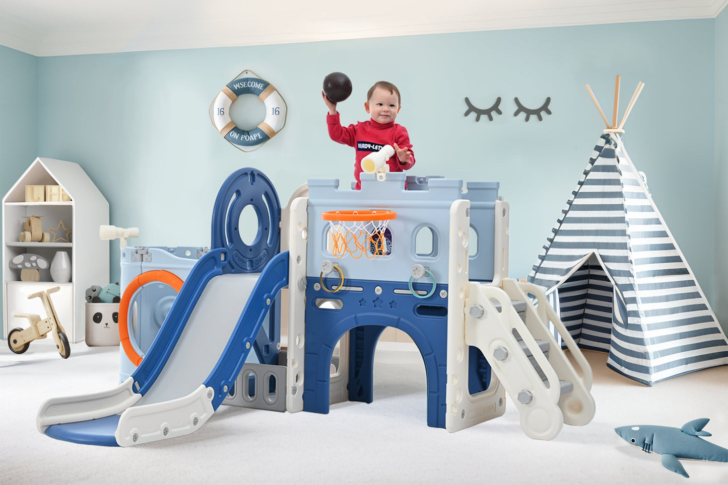10-in-1 Pirate Ship Toddler Slide Set with Basketball Hoop