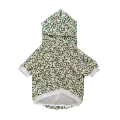 Money print dog hoodie with hood short sleeves and white trim on a white background