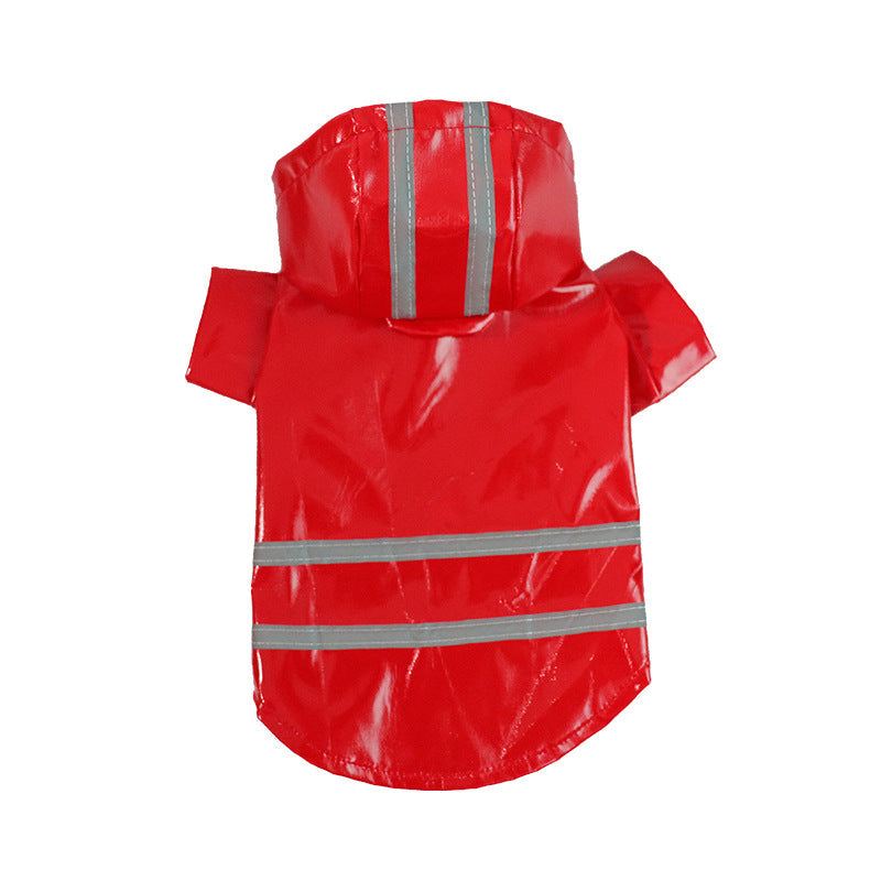 Red hooded dog raincoat with two silver strips across the back and hood