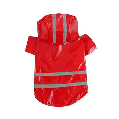 Red hooded dog raincoat with two silver strips across the back and hood