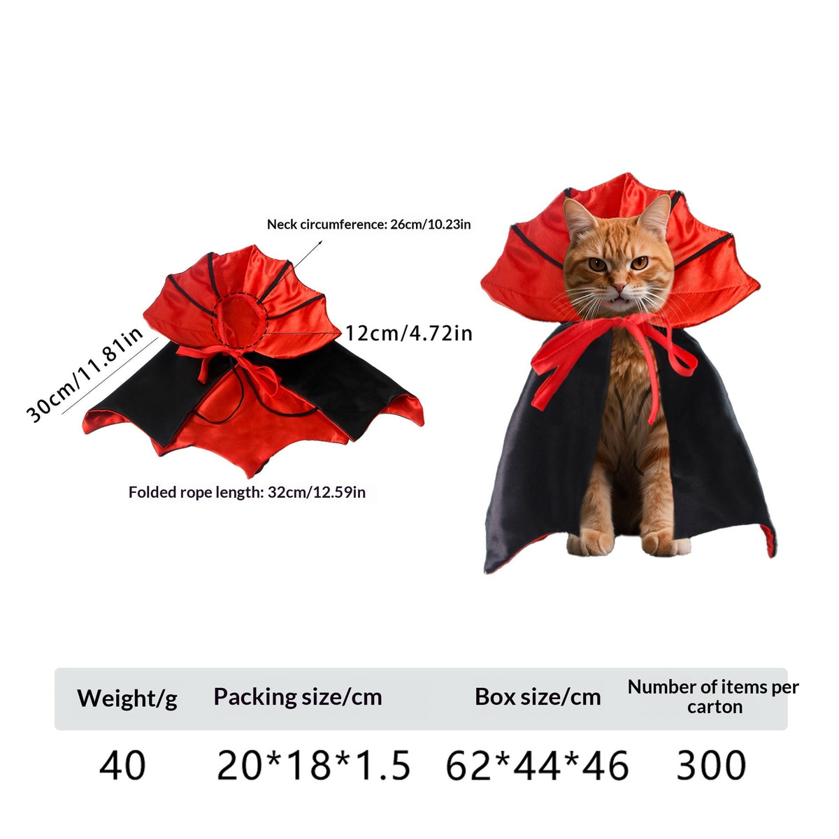 Cat wearing a short cape with a red standing collar beside garment measurements