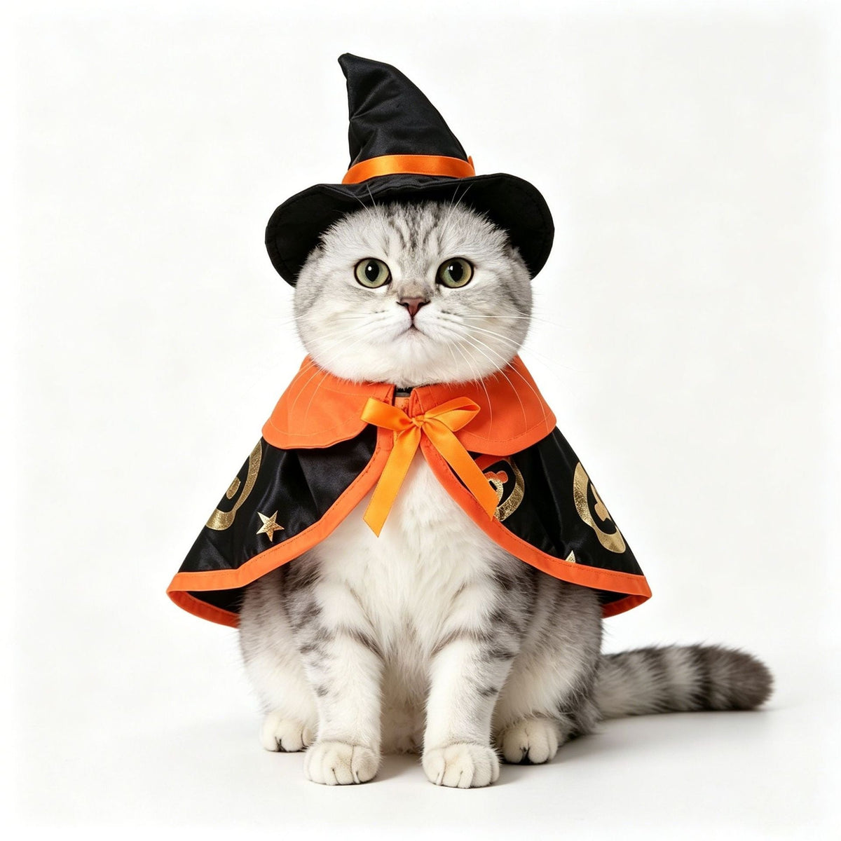 Cat wearing a patterned cape with a matching pointed hat