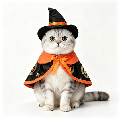 Cat wearing a patterned cape with a matching pointed hat