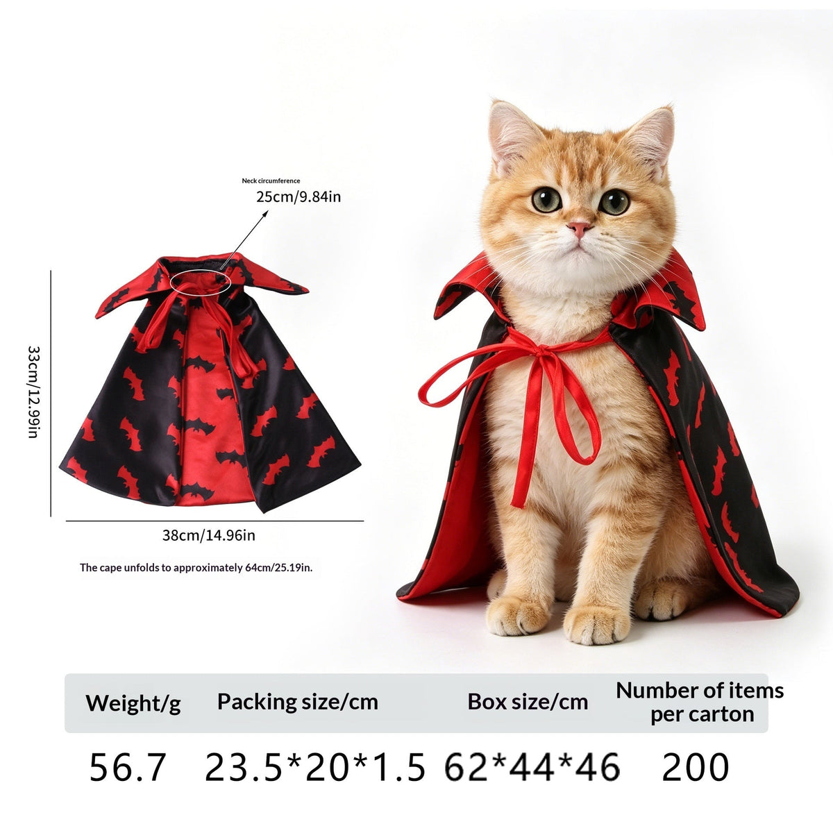 Cat wearing a bat-print cape beside garment measurements.