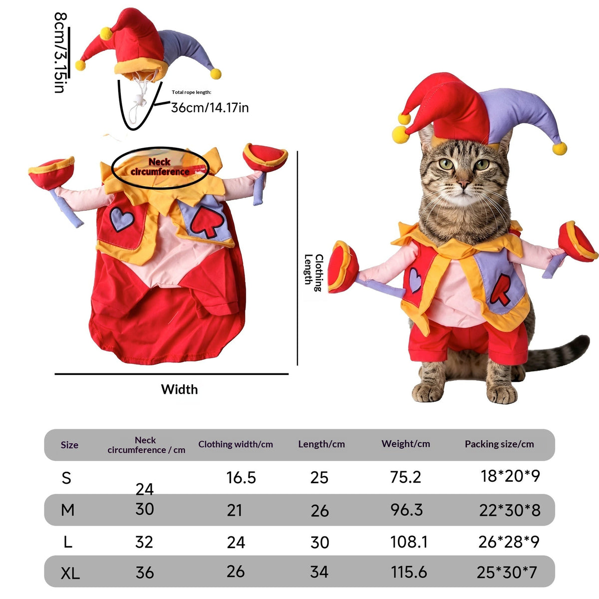 Cat wearing a colorful jester costume beside garment measurements and an S–XL size chart