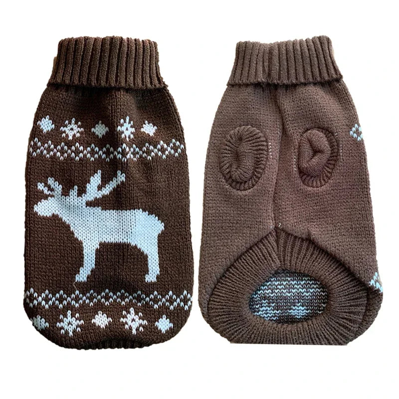 Brown reindeer knit pet sweater showing the patterned back and leg openings