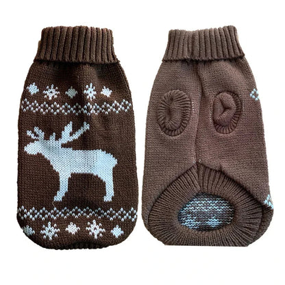 Brown reindeer knit pet sweater showing the patterned back and leg openings