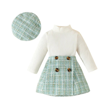 Toddler Knit Top, Plaid Skirt & Hat 3-Piece Outfit