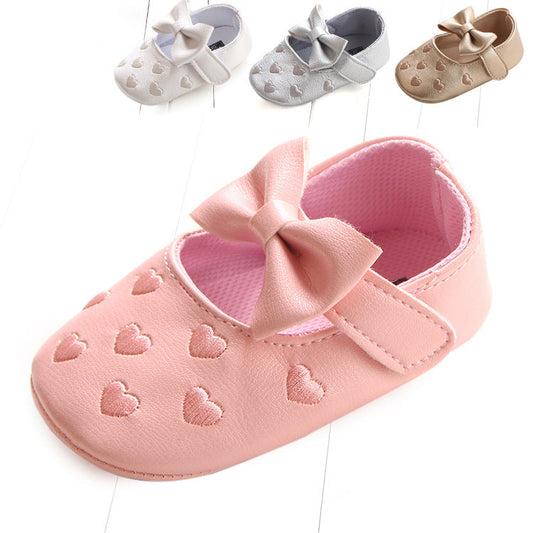 Peach-Heart Bow Baby Shoes with PU Uppers