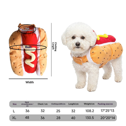 Dog wearing a hot dog costume beside garment measurements and an L–XL size chart