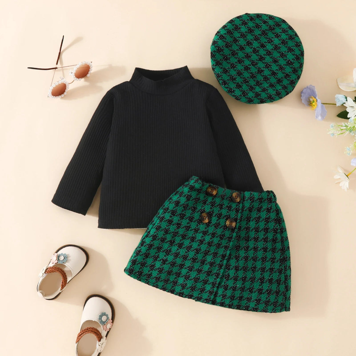 Toddler Christmas Knit Top, Plaid Skirt & Hat Set
