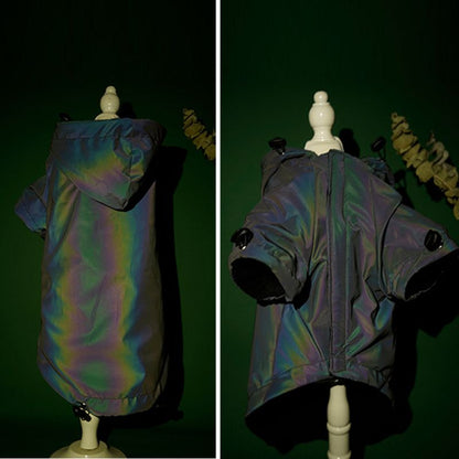Reflective hooded dog jacket front and back views on a display stand