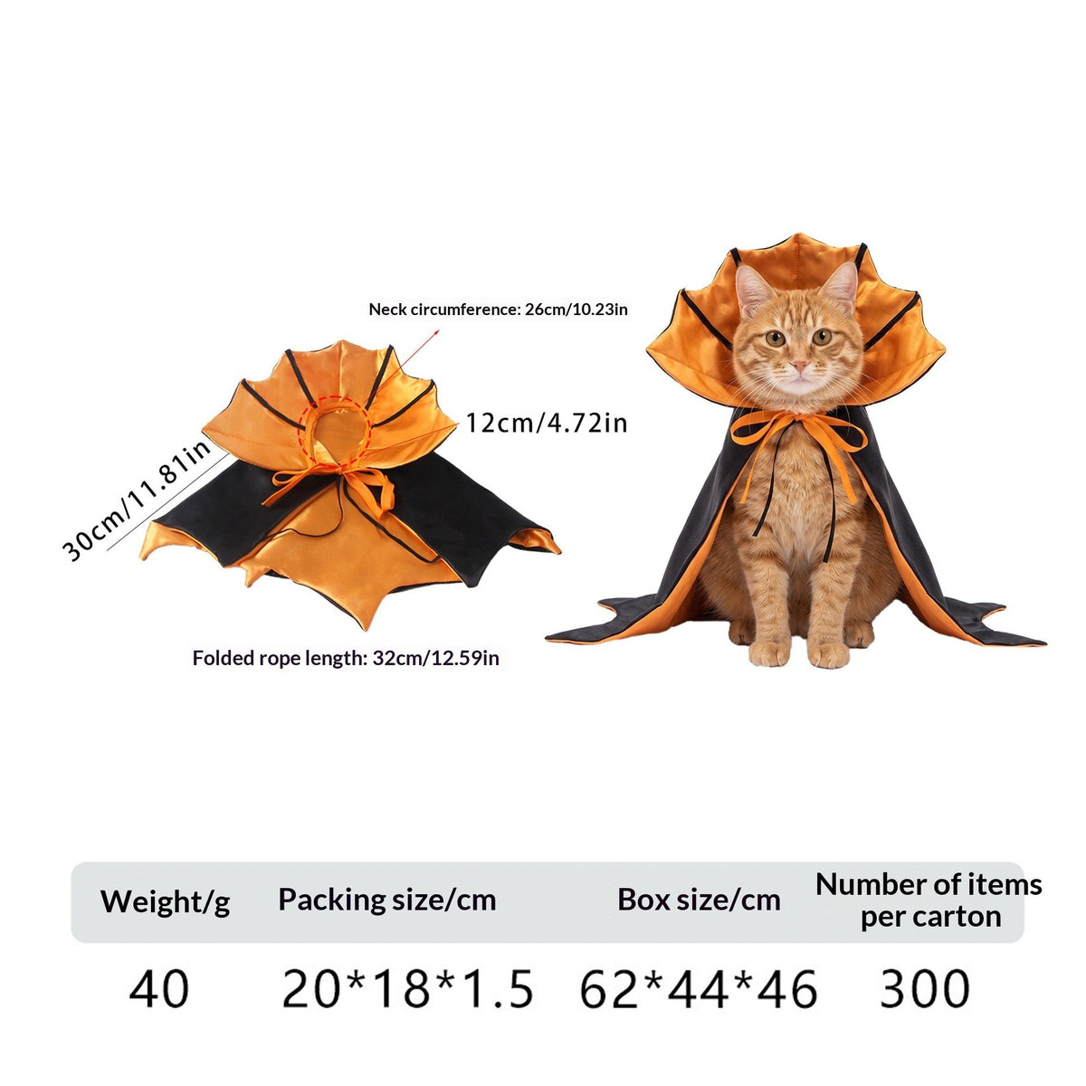 Cat wearing a short cape with a orange standing collar beside garment measurements.