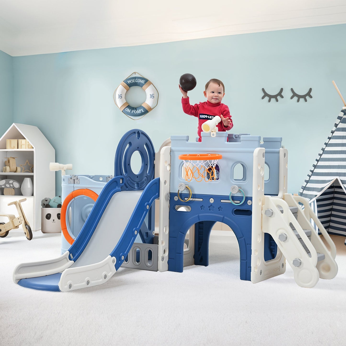 10-in-1 Pirate Ship Toddler Slide Set with Basketball Hoop