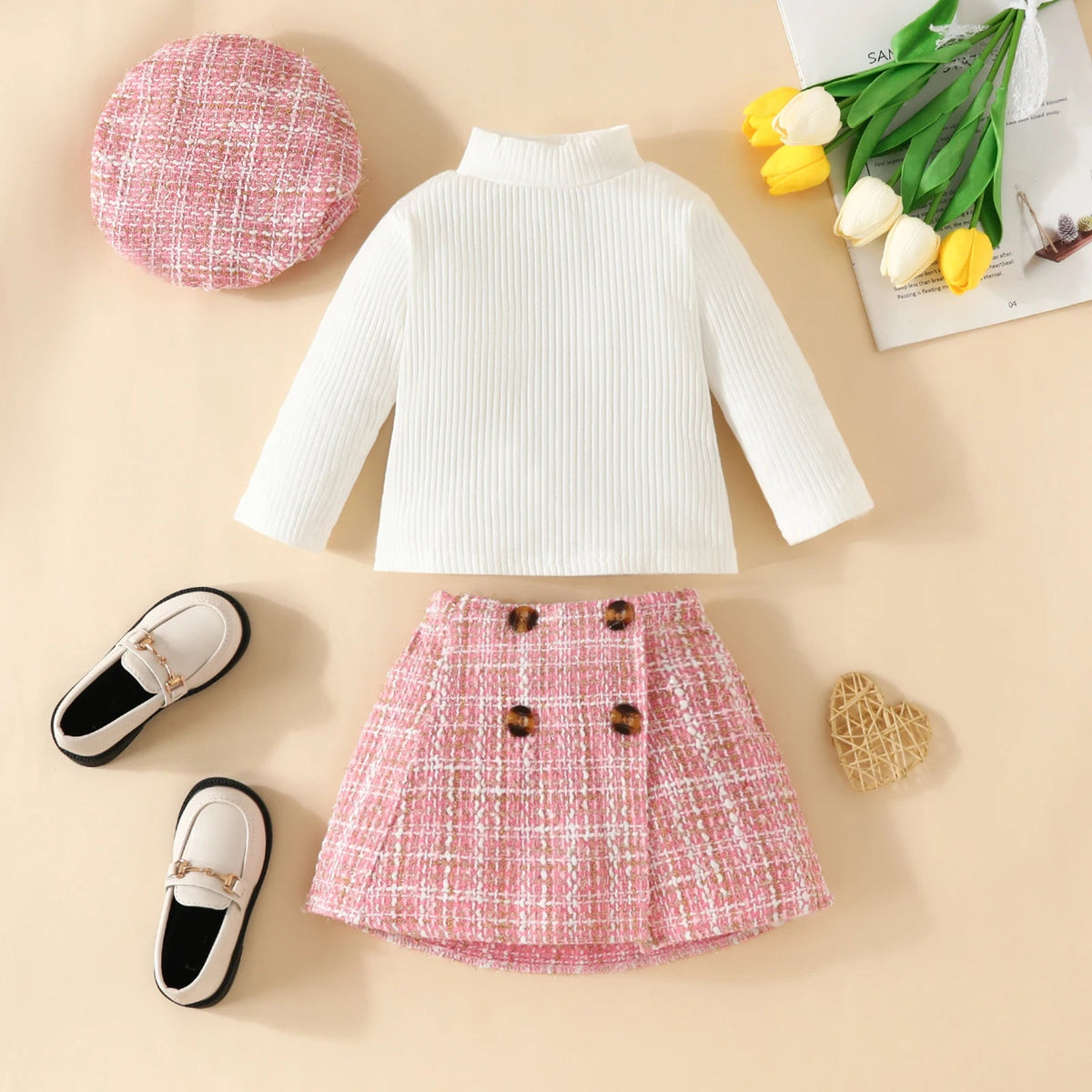 Toddler Knit Top, Plaid Skirt & Hat 3-Piece Outfit