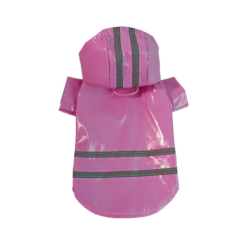 Pink hooded dog raincoat with two silver strips across the back and hood