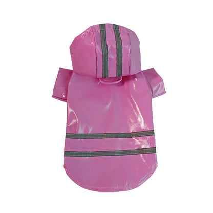 Pink hooded dog raincoat with two silver strips across the back and hood