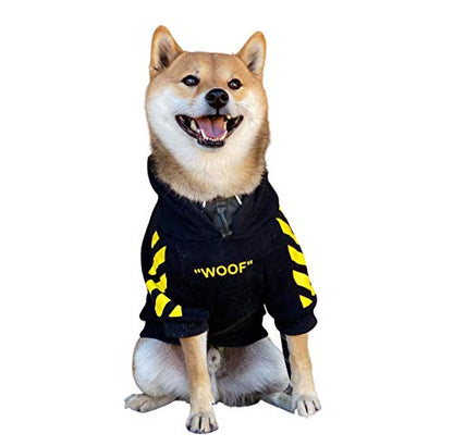 Front view of seated dog wearing a black WOOF hoodie with yellow graphics