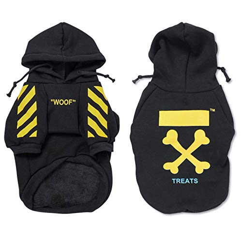 Front and back views of black WOOF dog hoodie with yellow graphics
