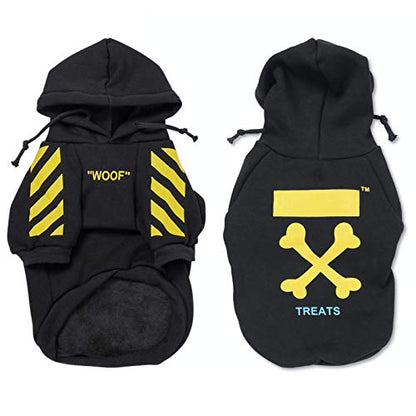 Front and back views of black WOOF dog hoodie with yellow graphics