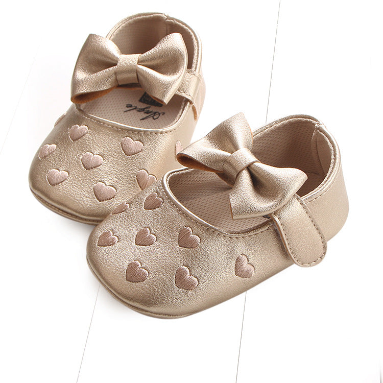 Peach-Heart Bow Baby Shoes with PU Uppers