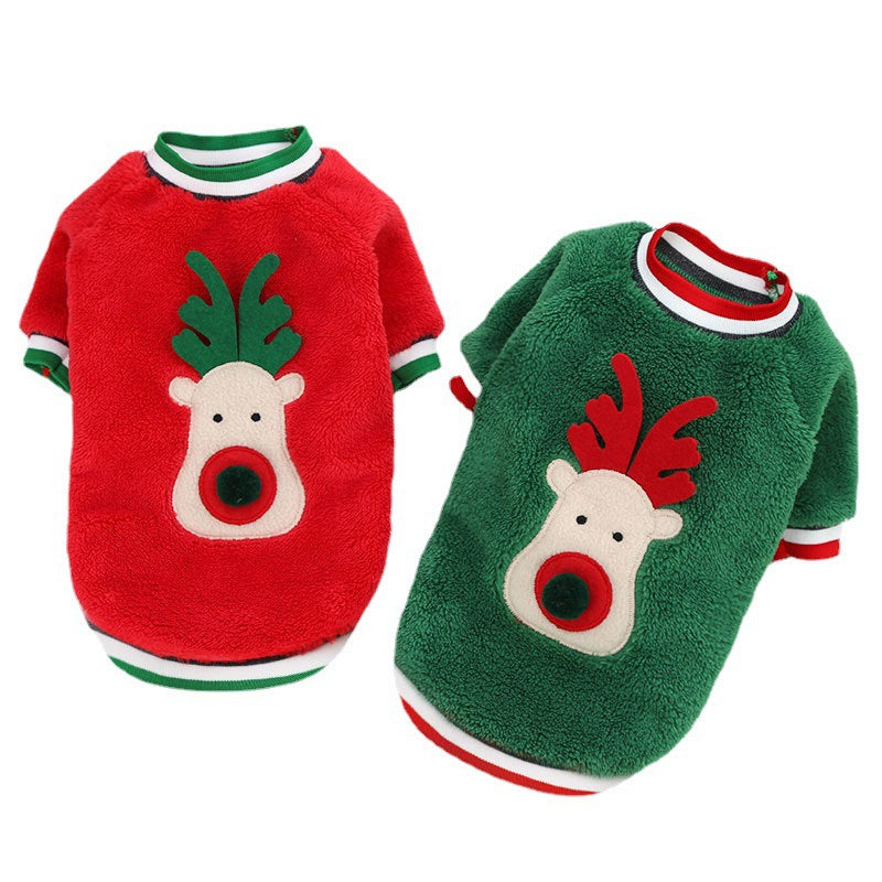 Red and green fleece pet sweaters with reindeer designs and striped trim