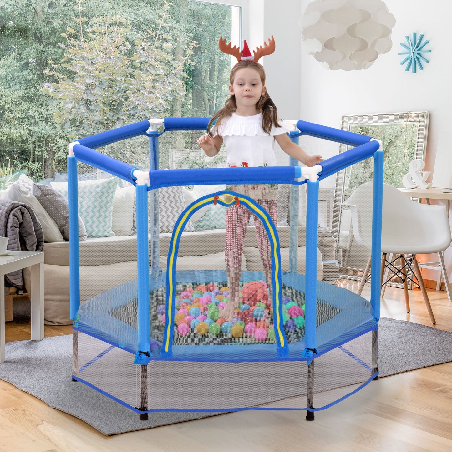 55'' Kids Mini Trampoline with Safety Enclosure Net & Balls