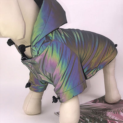 Iridescent hooded dog jacket side view on a dog mannequin