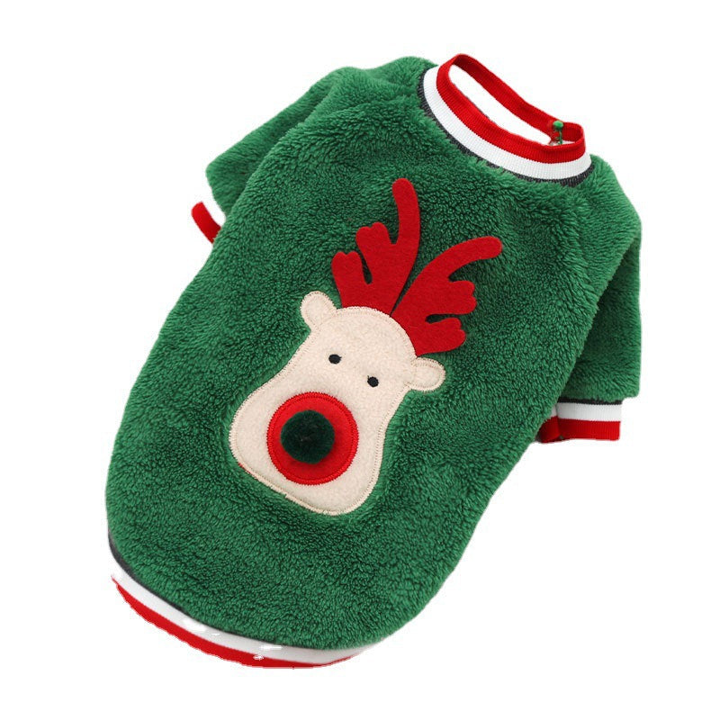 Green fleece pet sweater with a reindeer design and red-and-white striped trim