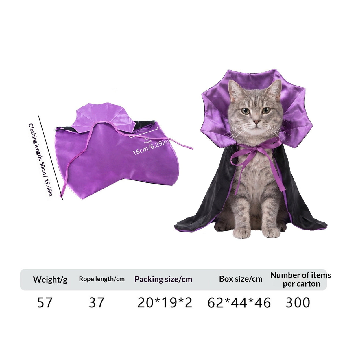 Cat wearing a cape with a purple standing collar beside garment measurements