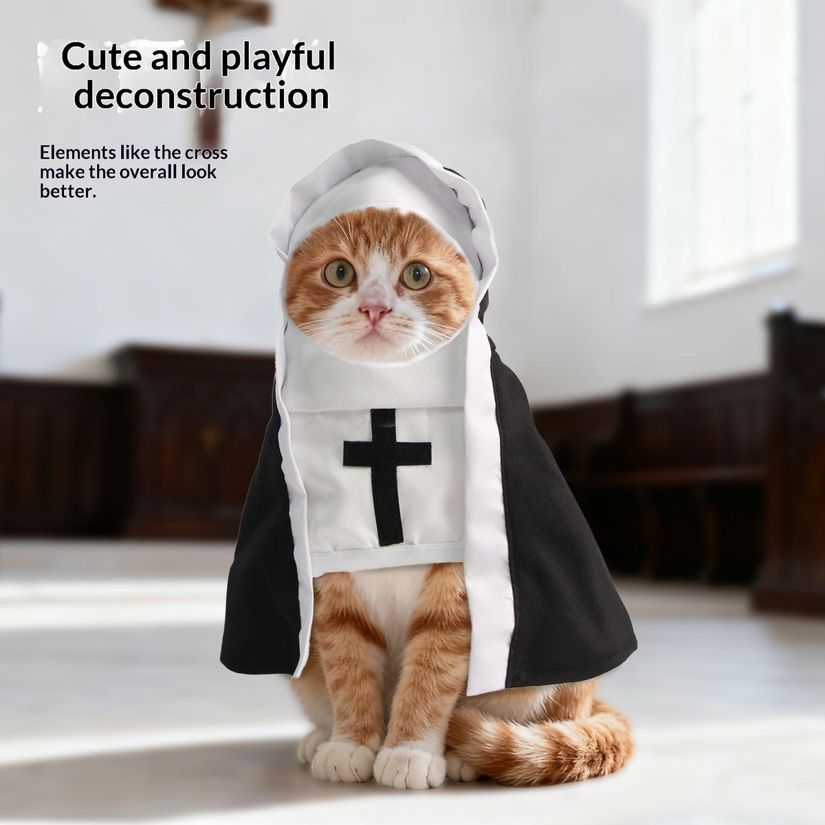 Cat wearing a nun costume with a cross on the front