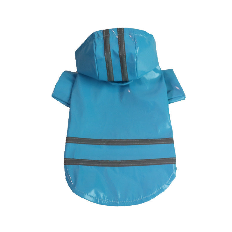 Blue hooded dog raincoat with two silver strips across the back and hood