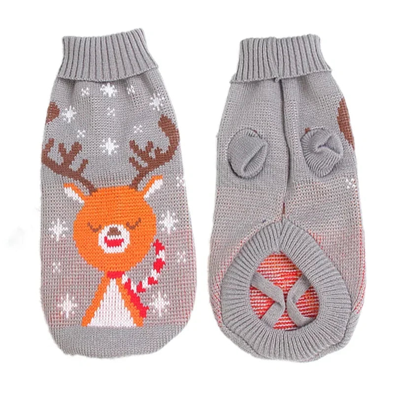 Gray knit pet sweater with an orange reindeer face and snowflakes, showing both sides