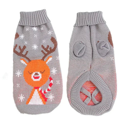 Gray knit pet sweater with an orange reindeer face and snowflakes, showing both sides