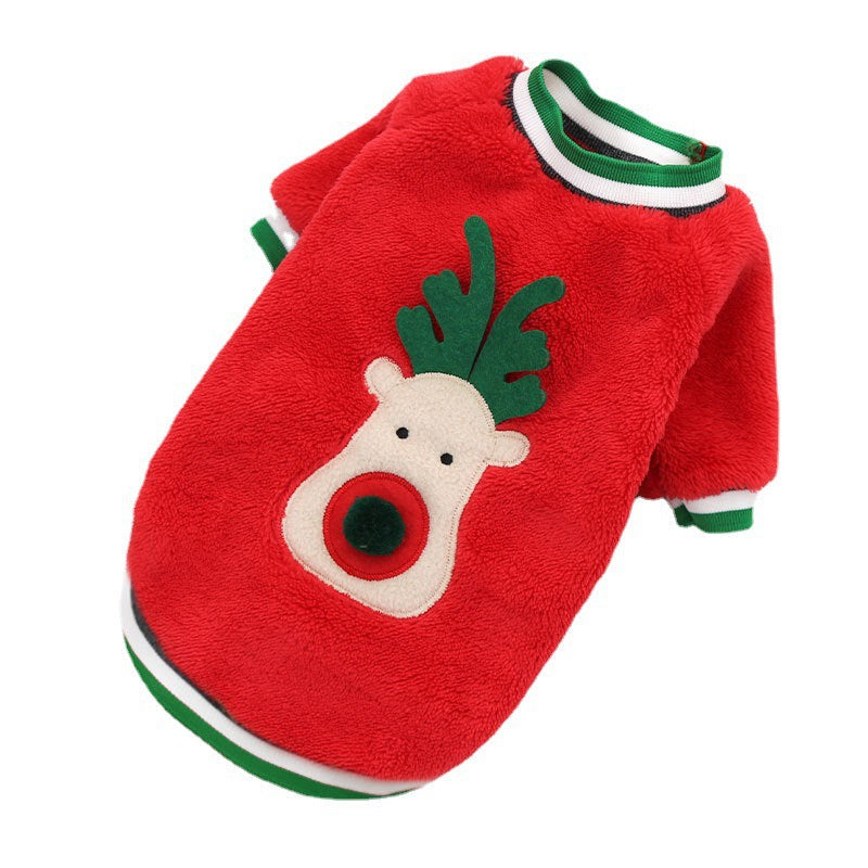Red fleece pet sweater with a reindeer design and green-and-white striped trim