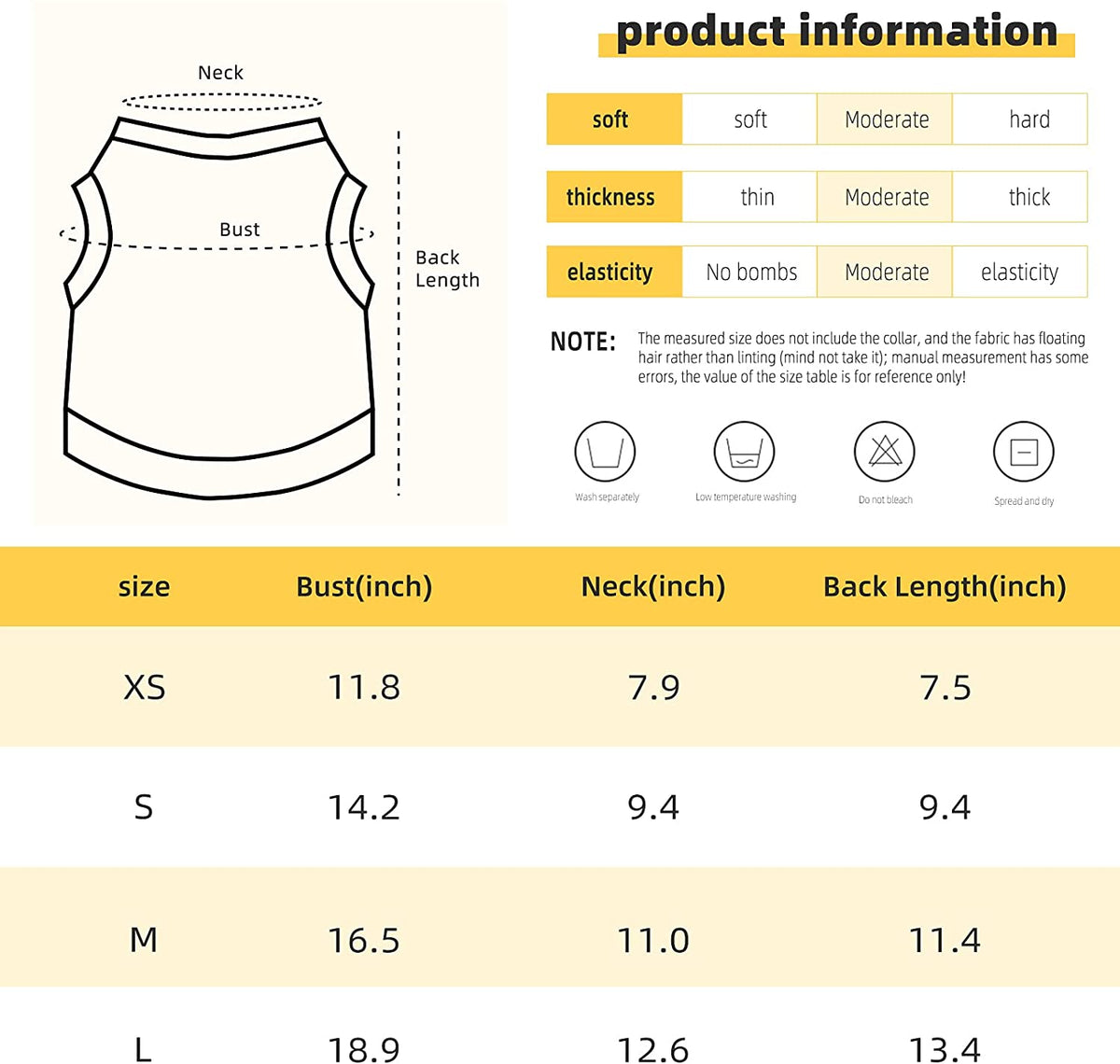 Pet shirt size chart showing chest neck and back measurements in inches