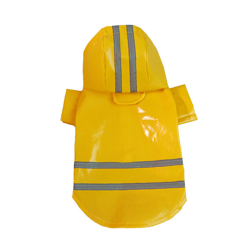 Yellow hooded dog raincoat with two silver strips across the back and hood