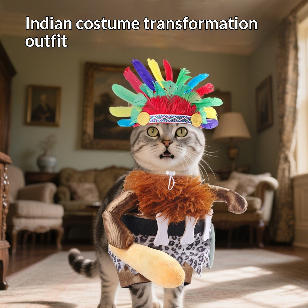Cat wearing an Indian-themed costume with a feather-style headpiece and plush arms