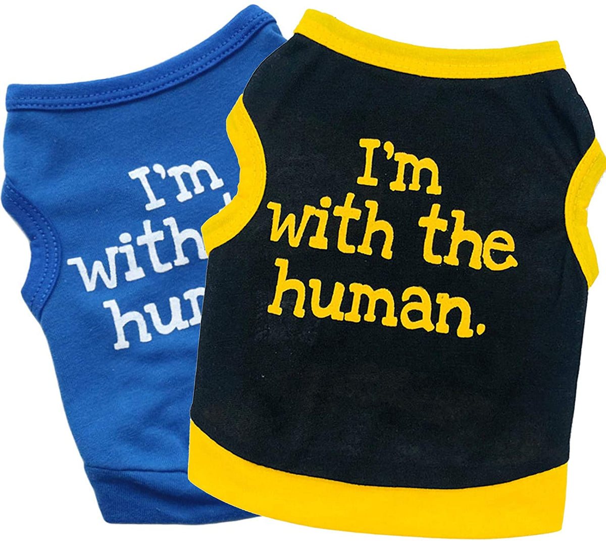 Blue and black sleeveless pet shirts with Im with the human lettering