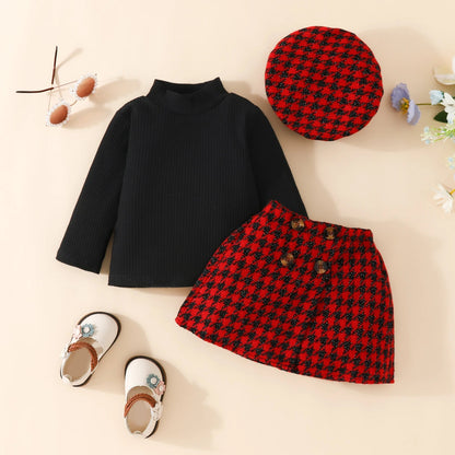 Toddler Christmas Knit Top, Plaid Skirt & Hat Set