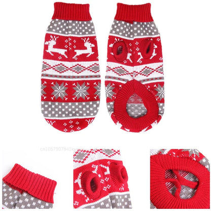 Red, gray and white knit pet sweater with reindeer and snowflake patterns, showing both sides and trim details