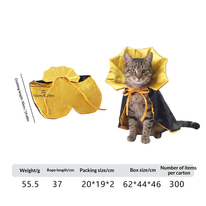 Cat wearing a cape with a yellow standing collar beside garment measurements.