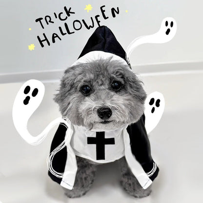 Dog wearing a nun costume with a cross, surrounded by Halloween ghost graphics.