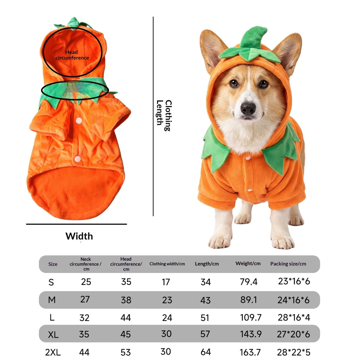 Dog wearing a hooded pumpkin costume beside garment measurements and an S–2XL size chart